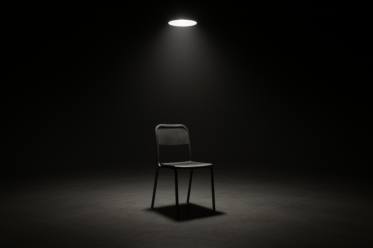 Empty chair under spotlight in a dark studio, representing digital humiliation culture.