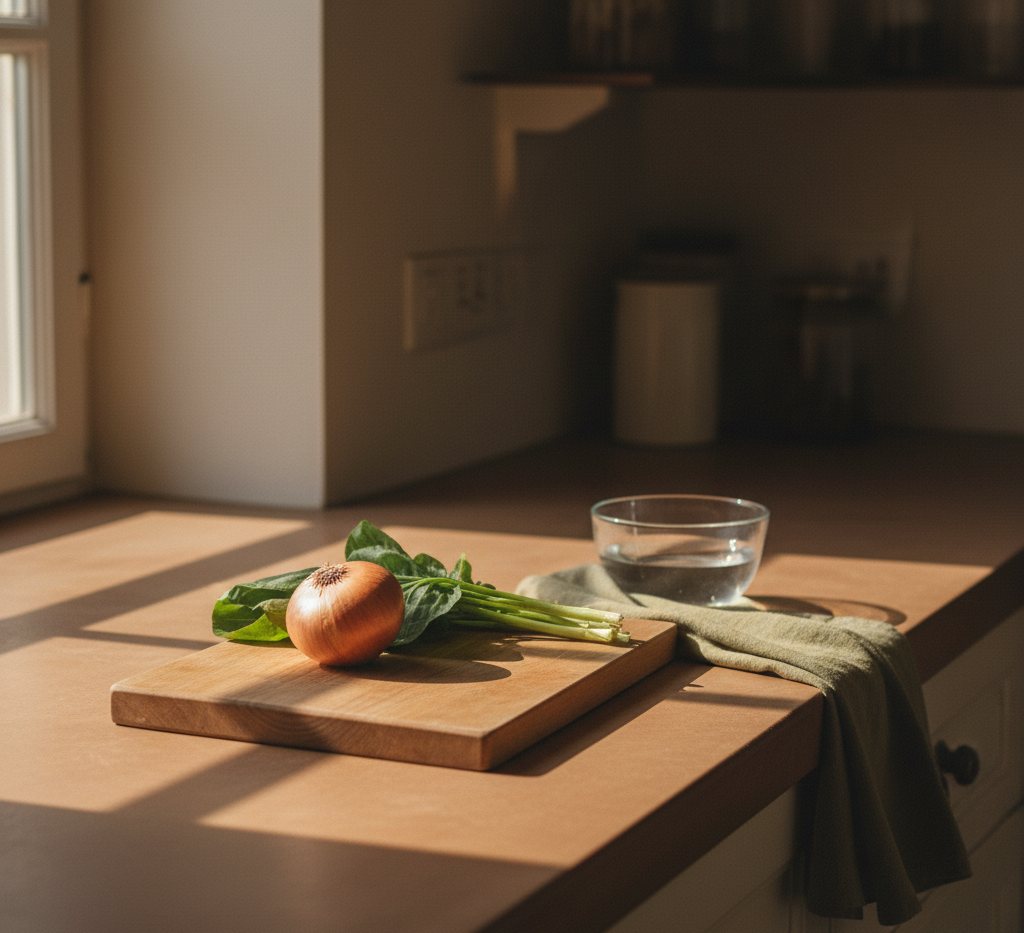 Minimalist kitchen scene with a cutting board, onion, leafy greens, small glass bowl of water, and folded dish towel in warm morning light.