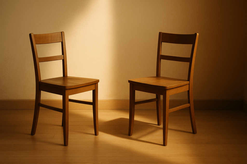 Two chairs facing slightly apart with soft light between them, symbolizing healthy space and reflection.