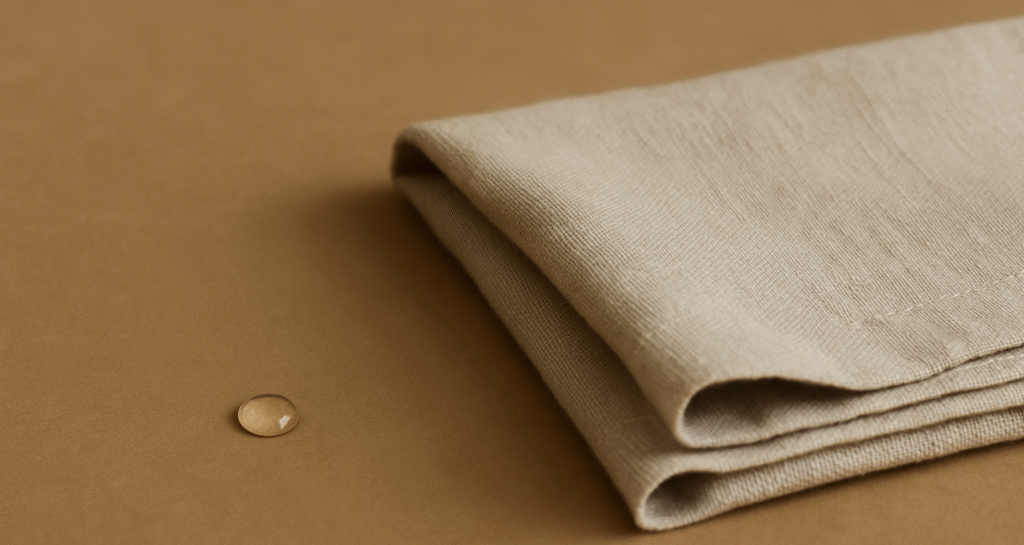 A photograph of a folded beige linen cloth beside a single water droplet on a warm clay-toned surface, symbolizing real emotion and steady accountability.
