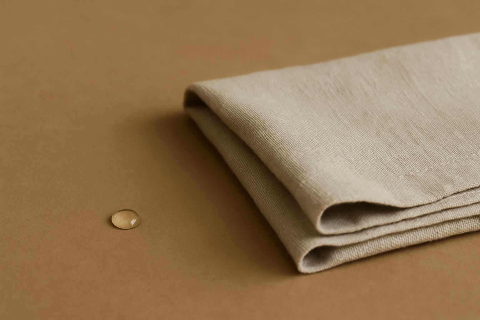 Linen Cloth and Droplet – Emotional Accountability Minimalist photograph of a folded beige linen cloth beside a single water droplet on a warm clay-toned surface, symbolizing real emotion and steady accountability.