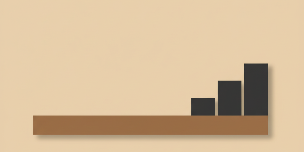 Minimalist warm-sand geometric illustration with three ascending charcoal blocks balanced on a clay-brown beam, symbolizing disciplined local work building upward.