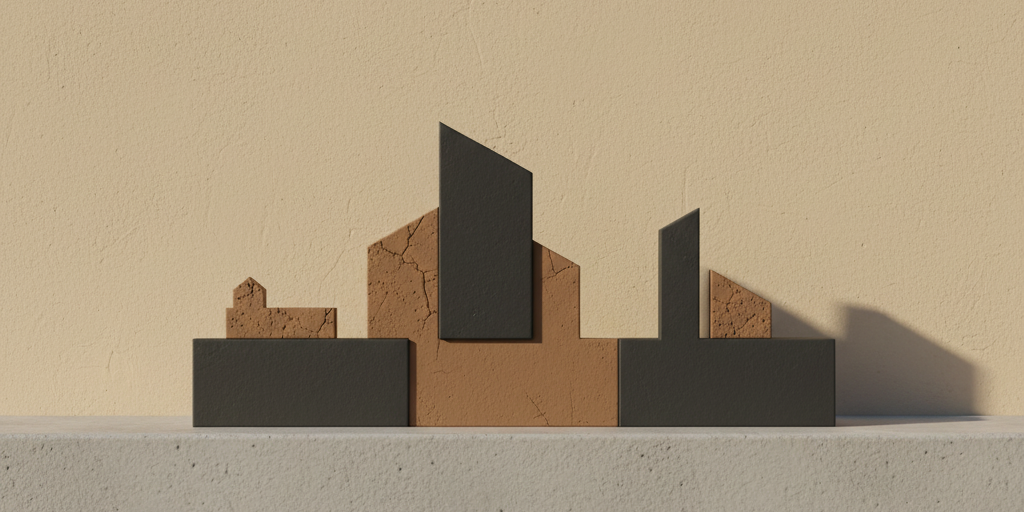 Minimalist warm-sand geometric illustration with stacked charcoal blocks rising from a clay-brown foundation line, symbolizing local work as foundational community structure.