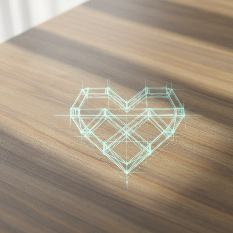 Blueprint lines forming a heart shape on a wooden table, symbolizing structure in love.