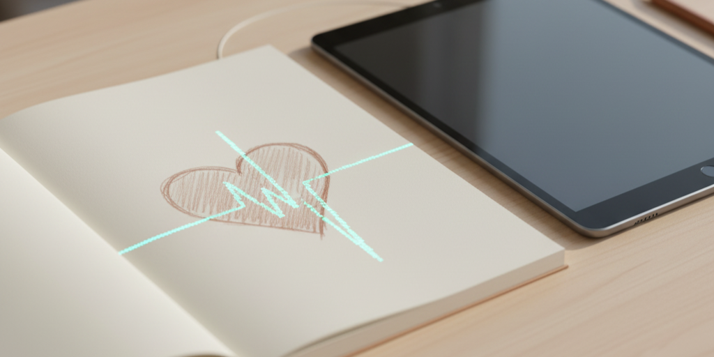 Tablet beside a child’s sketchbook with a heart and digital waveform, symbolizing synthetic empathy and emotional caution