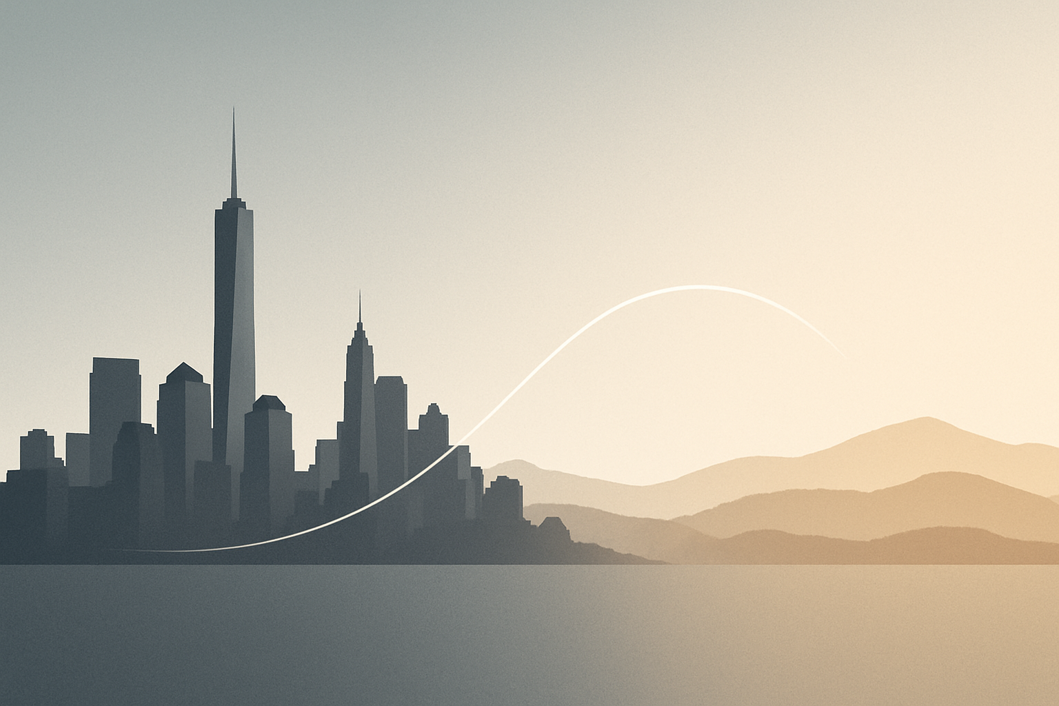 Minimalist split skyline illustrating political fear narratives and urban migration between New York and Tennessee.