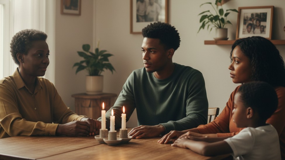 Multigenerational family gathered in candlelight, restoring the family through unity and accountability.