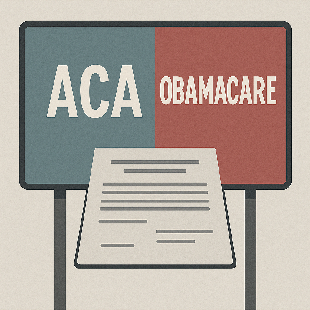 Split image of ACA and Obamacare labels merging into the same healthcare document, symbolizing confusion in political branding.