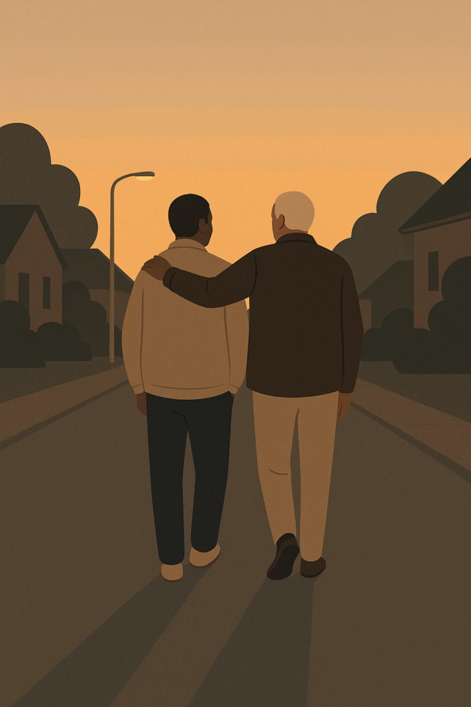 Two old friends walking together at dusk, representing trust and lasting connection.