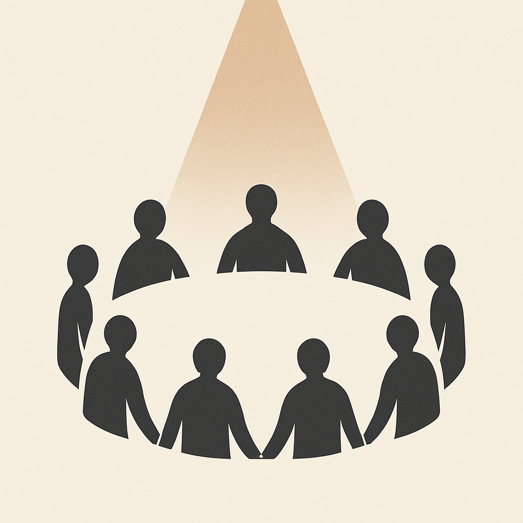 Minimalist illustration of a ring of abstract human silhouettes leaning inward under a clay-brown beam of light, symbolizing shared support and community strength.