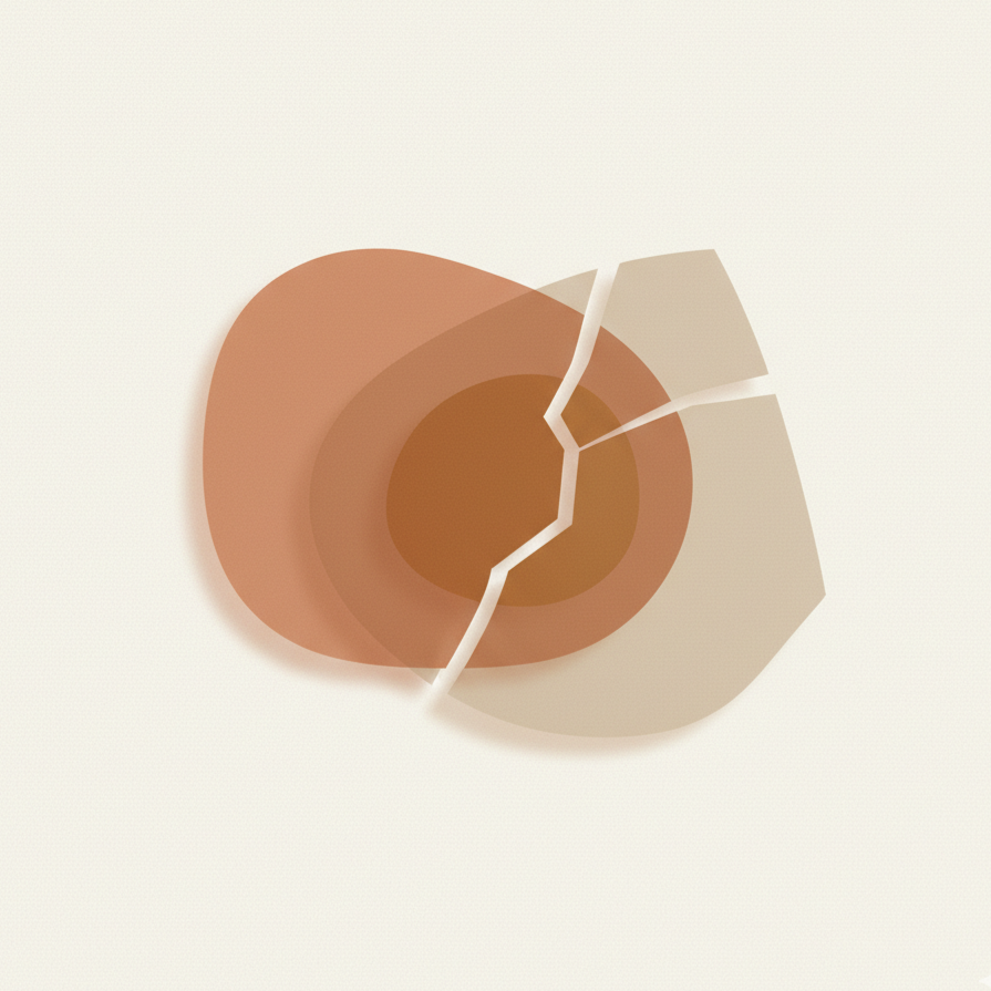 Minimalist illustration of overlapping clay-toned shapes symbolizing perceived harm vs conflict.
