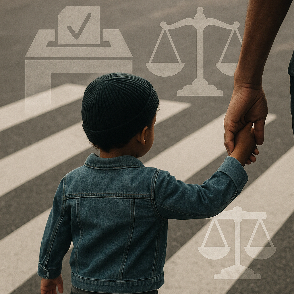 Parent guiding child across a crosswalk representing how policy guides family life.