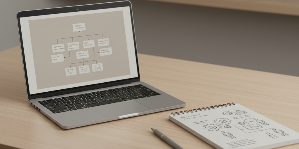 Modern workspace with a laptop showing automation flowchart and notepad with gear sketches