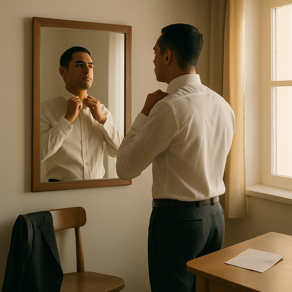 A man adjusts his collar in the mirror, representing calm confidence and the idea that presentation is information.