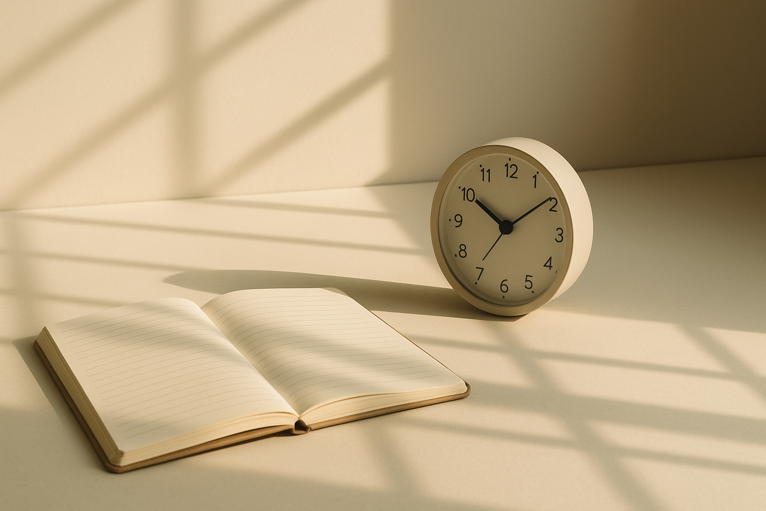 An open notebook beside a clock under warm light, symbolizing purpose and time in disciplined focus.