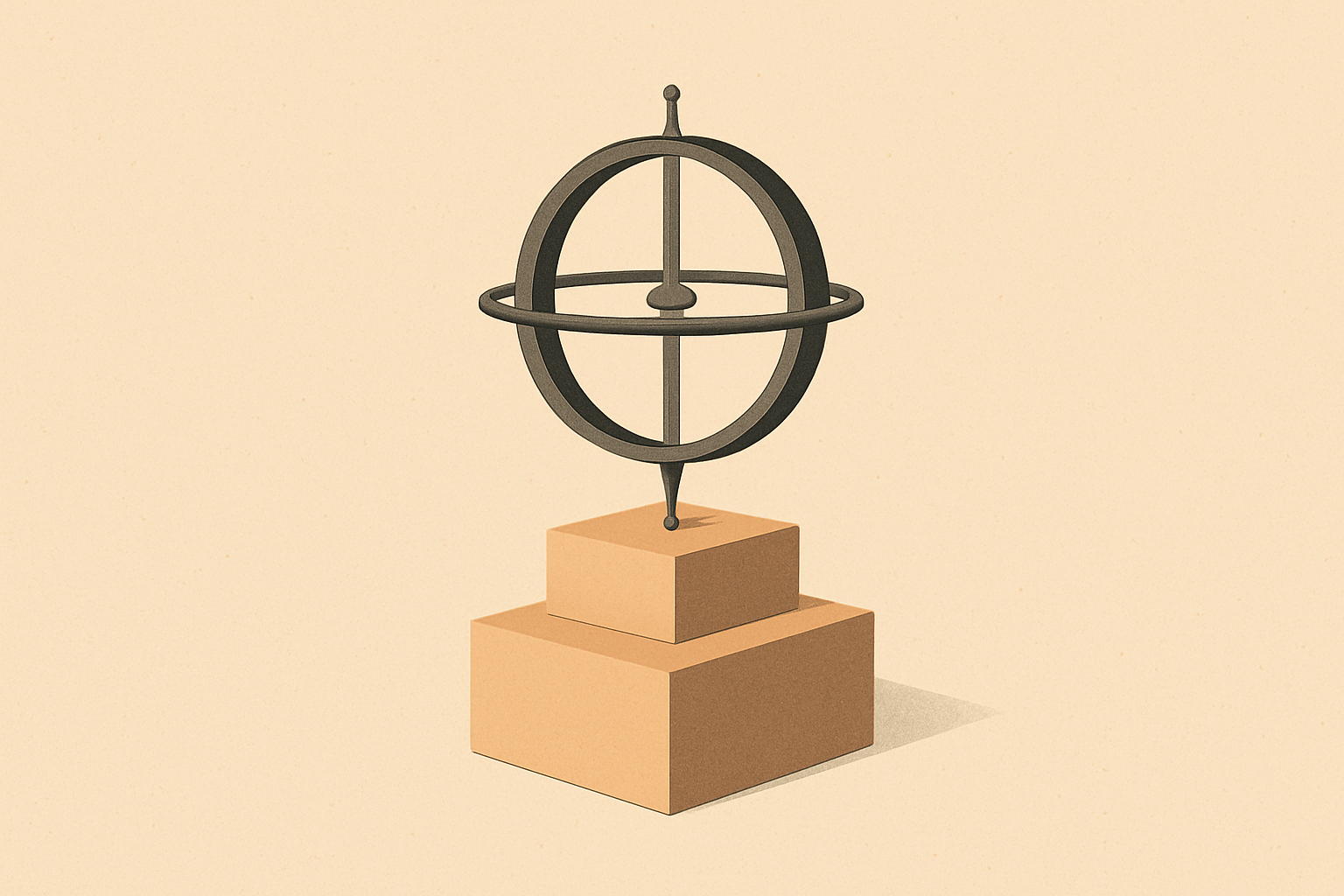 Minimalist warm-sand and soft-charcoal 3D illustration of a gyroscope balancing above solid rectangular blocks to represent Quiet Power and foundational strength.