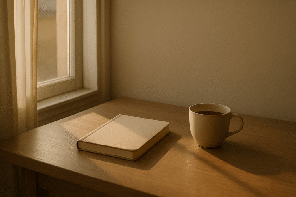 Soft morning light over a desk with tea and journal symbolizing stillness and discipline in calm focus.