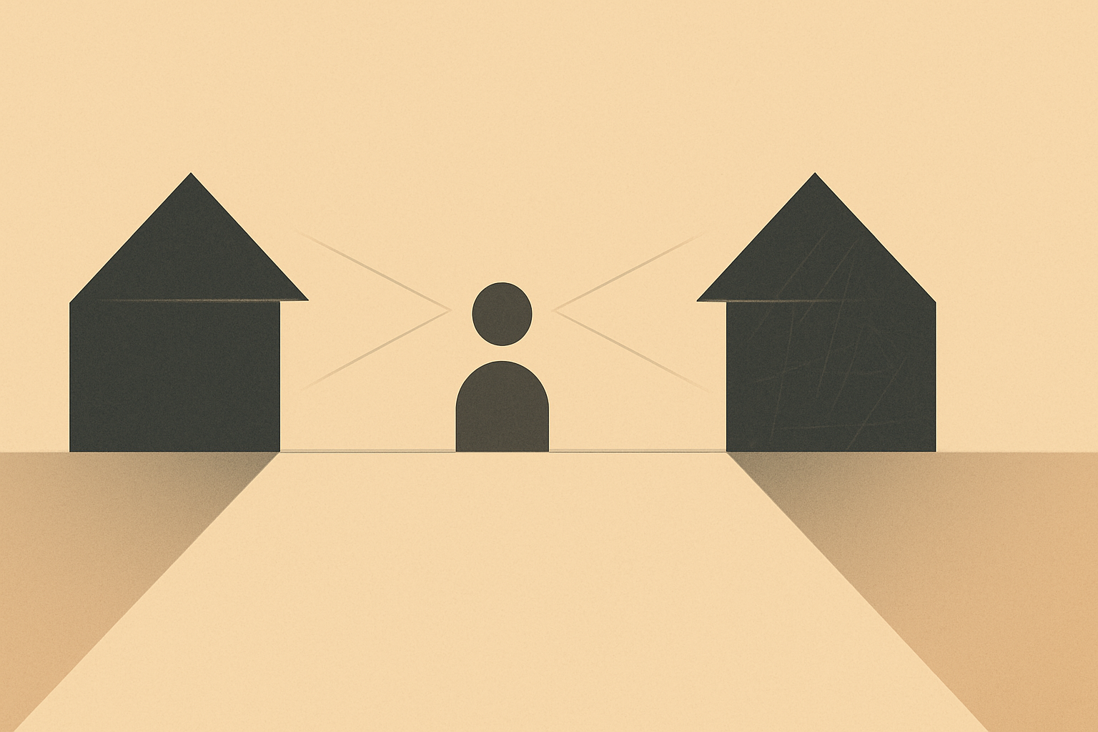 Minimalist illustration of two households and a child caught between them, symbolizing gender conflict and co-parenting tension