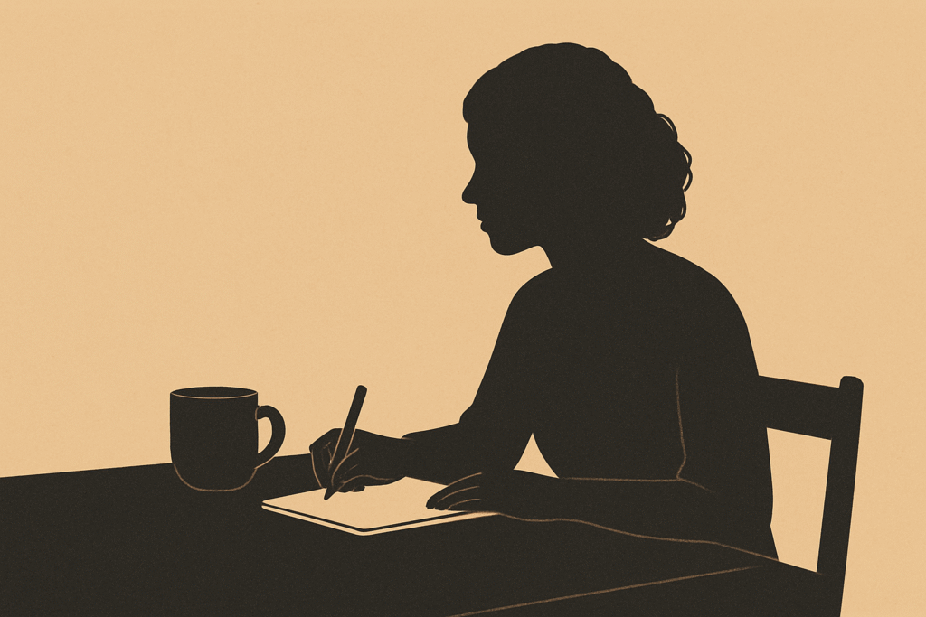 Minimalist banner of a silhouetted woman seated at a table with a mug and notepad beside bold text reading Real Talk Blueprint, symbolizing confident reflection and grounded commentary.