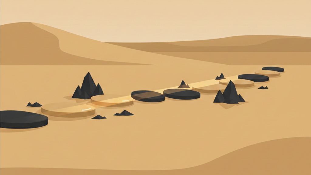 Minimalist illustration of stepping-stone choices, with one smooth path highlighted by a soft beam of light.