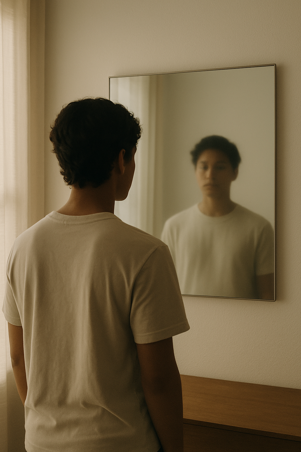 Person gazing at their reflection in soft morning light, symbolizing identity and discipline.