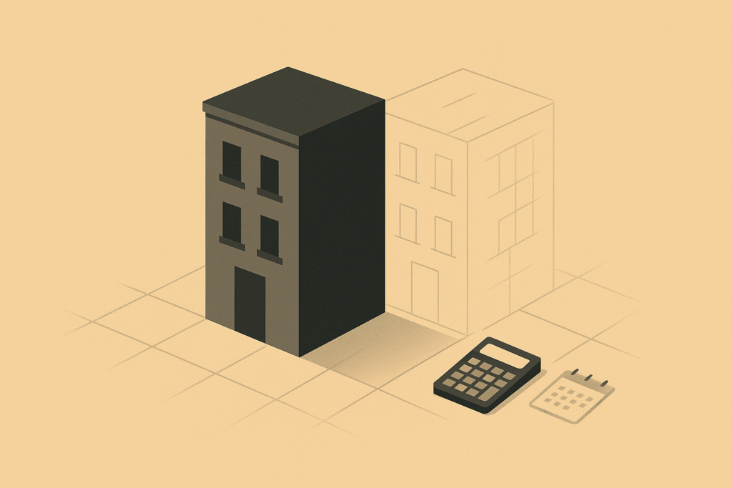 Minimalist warm-sand and soft-charcoal illustration of a small apartment building on a simple block grid, with one stable aligned side and one subtly skewed side, plus faint financial icons like a calculator and calendar in the corner.