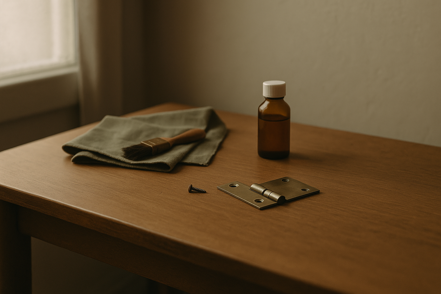 Minimalist repair scene on a wooden table with a cloth, brush, wood oil, hinge, and screw in warm sand and clay tones, reflecting the ecology of discipline.
