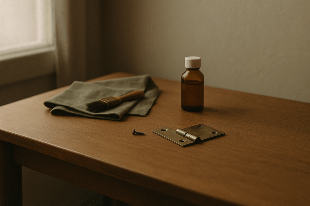 A repair scene on a wooden table with a cloth, small brush, bottle of wood oil, hinge, and screw in warm sand and clay tones, reflecting the ecology of discipline.