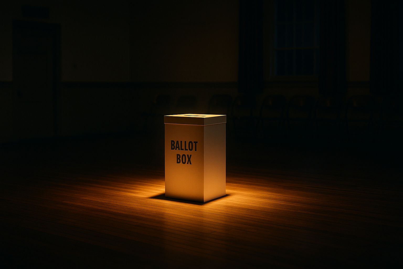 A single illuminated ballot box in a dimly lit hall representing faith in democracy and civic participation
