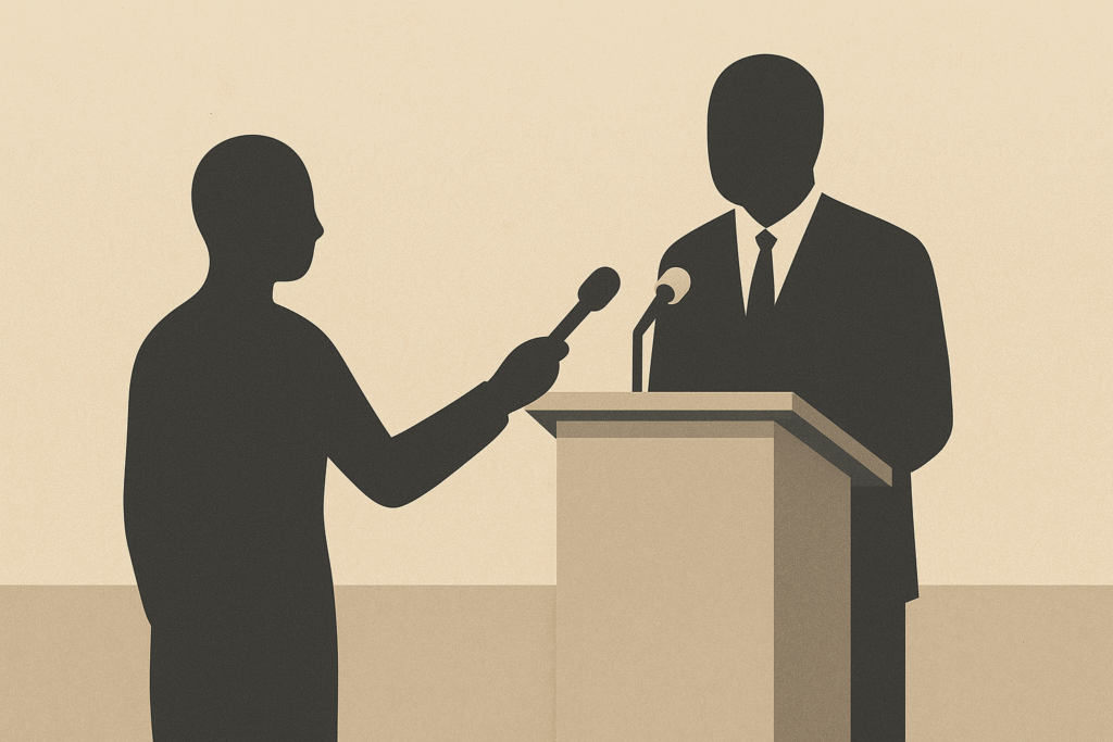 Minimalist illustration of a reporter facing a mayor at a podium, symbolizing civic tension and public accountability.