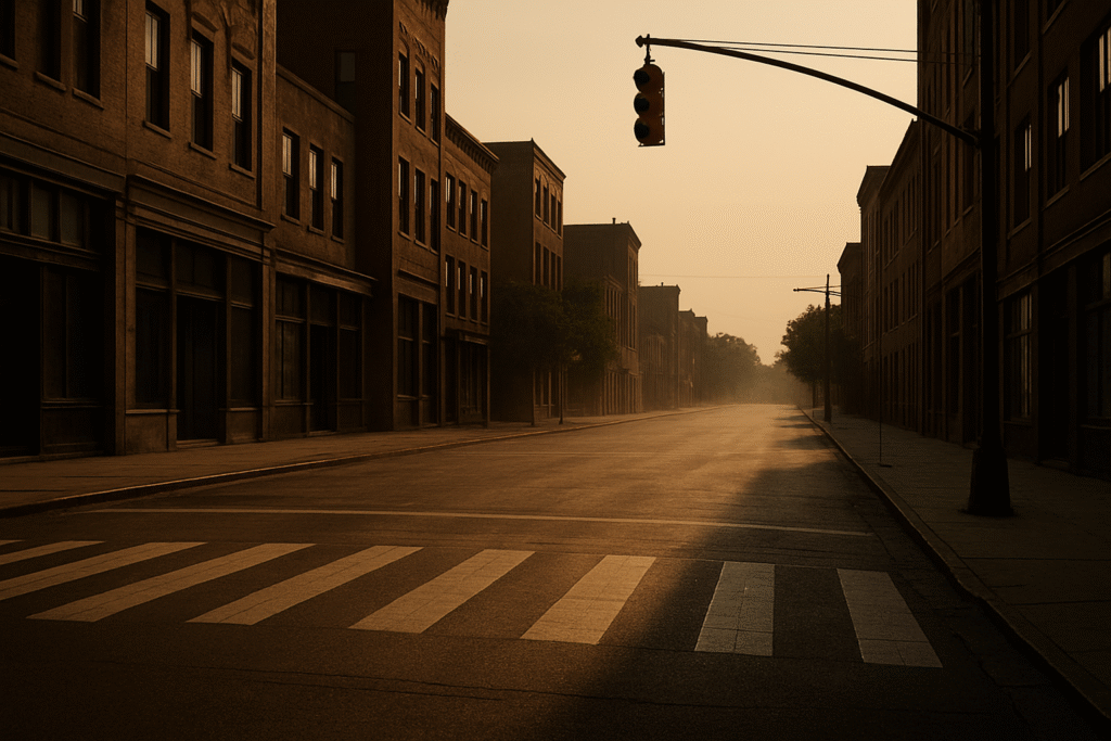 Empty summer street glowing under evening heat, symbolizing rhythm, tension, and order in motion.