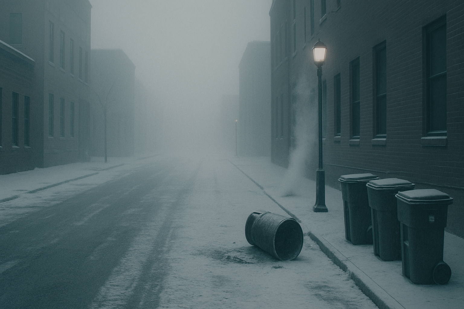 Empty winter street with faint snow and steam rising, symbolizing quiet endurance and structure through the cold.