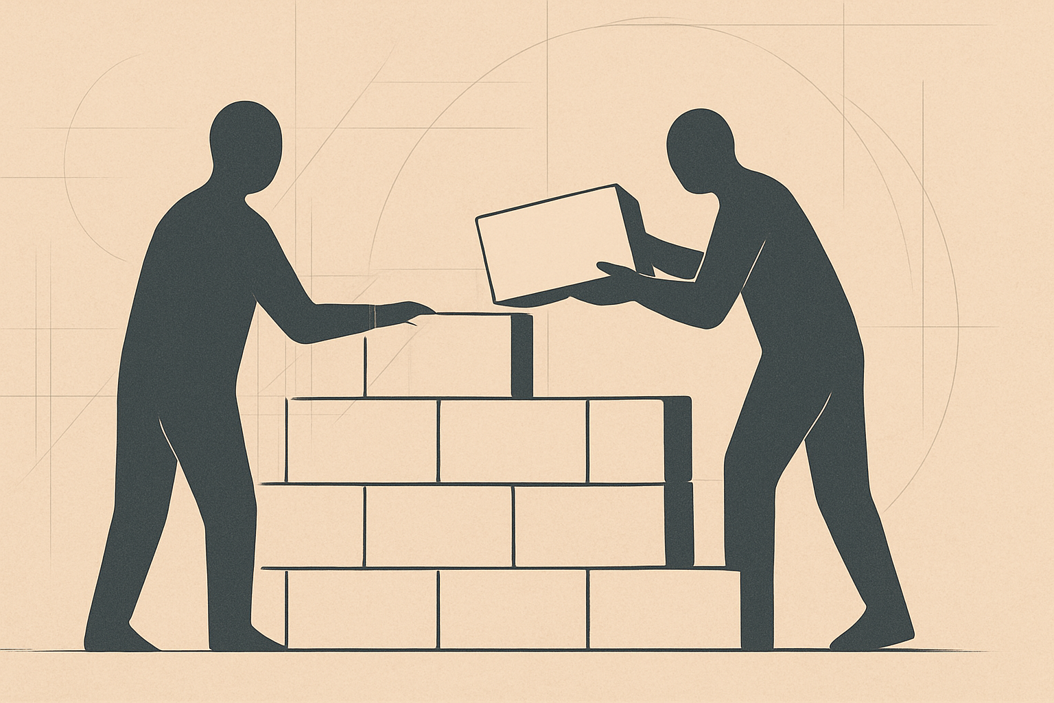 Two abstract silhouettes building a wall of rectangular blocks together, symbolizing shared structure, disciplined practice, and collective steadiness.