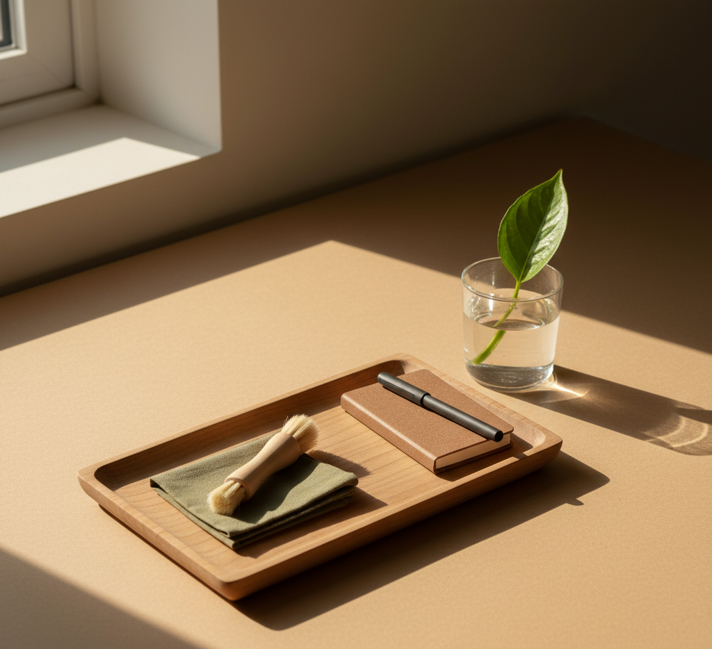 A household scene with a wooden tray, folded cloth, small tools, and warm morning light, symbolizing simple daily discipline and small wins.