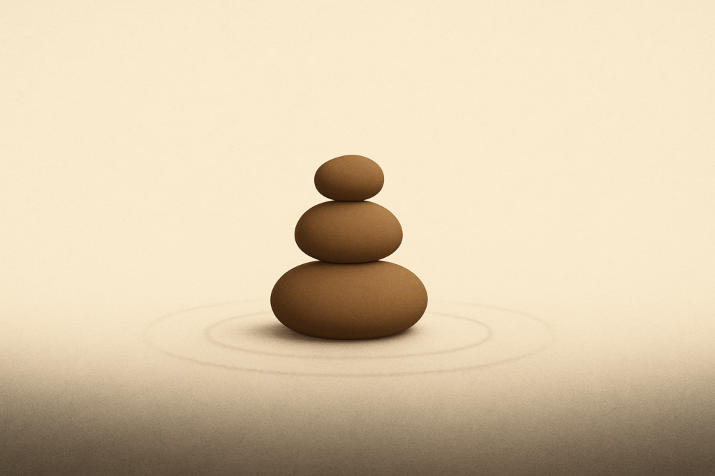 Minimalist illustration of three smooth clay-brown stones stacked on warm sand, symbolizing steady progress through small wins.