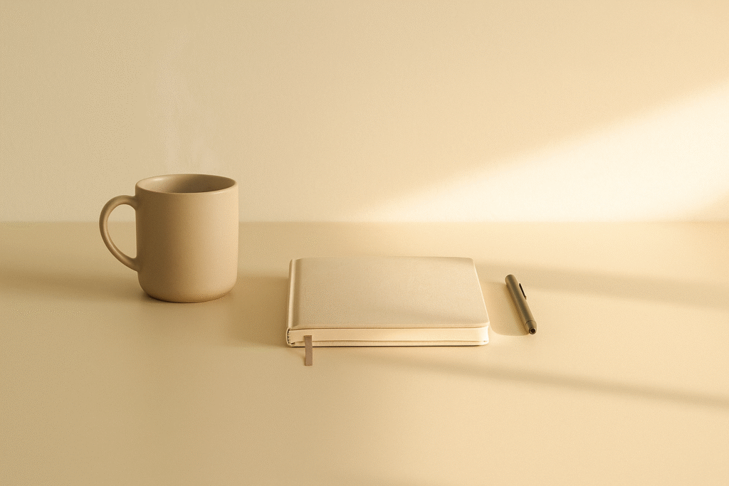 A calm minimalist workspace with a mug and notebook arranged in a familiar rhythm, representing stability and being known.