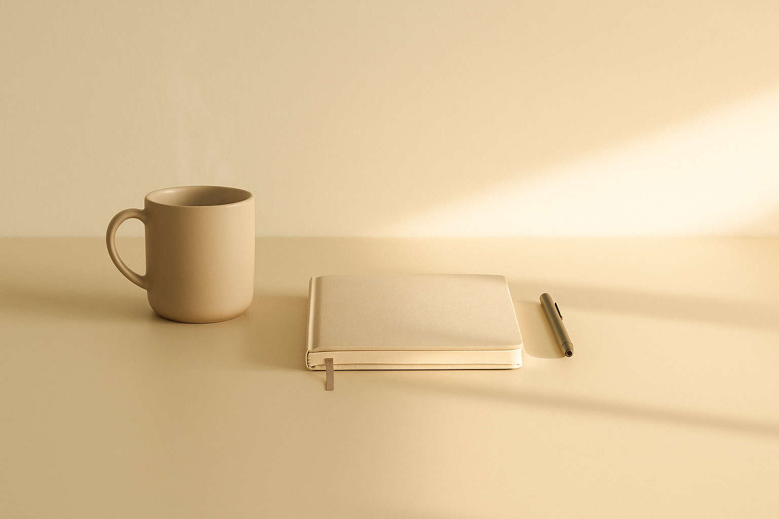 A minimalist workspace with a mug and notebook arranged in a familiar rhythm, symbolizing stability and being known.