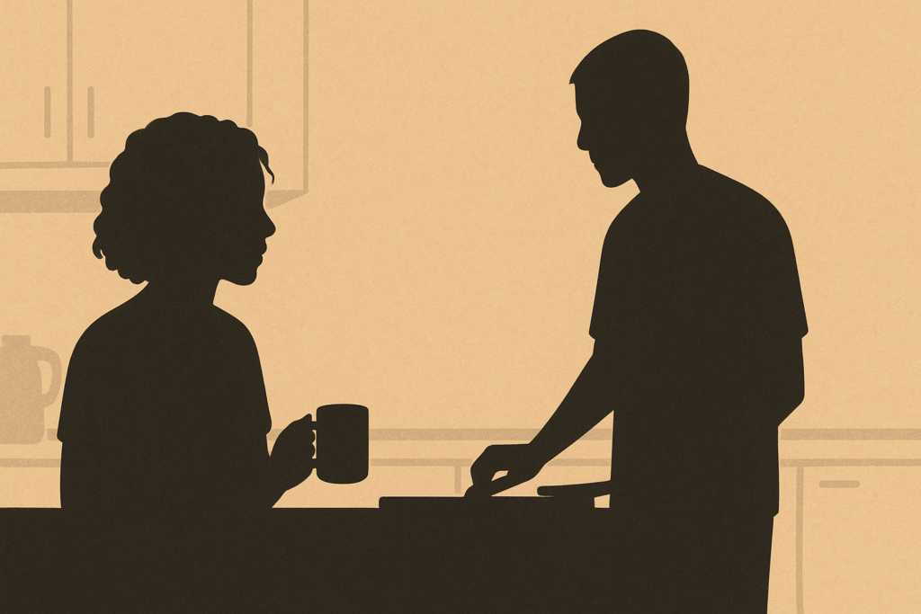 Minimalist warm-sand illustration of two silhouettes moving quietly in a kitchen, symbolizing clarity and calm boundaries.