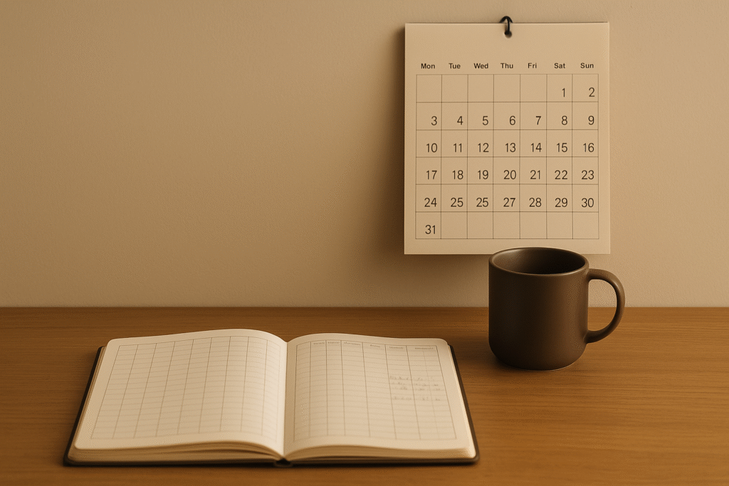 Financial structure and discipline illustrated by a simple ledger beside a calendar and a plain mug.