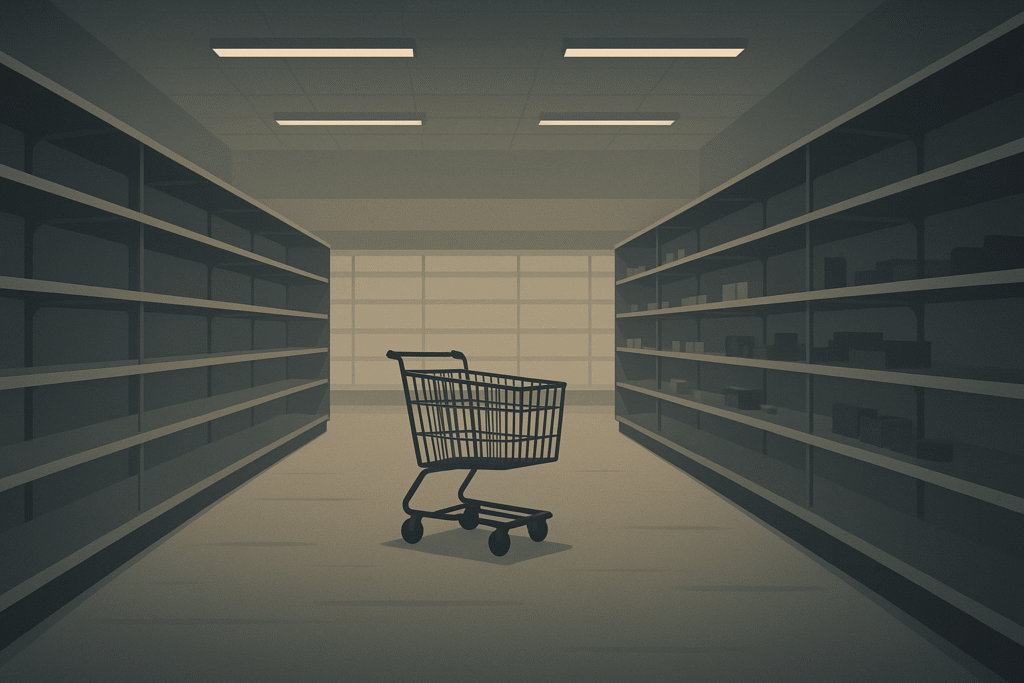 Empty grocery shelves symbolizing the November 2025 SNAP crisis and economic strain.