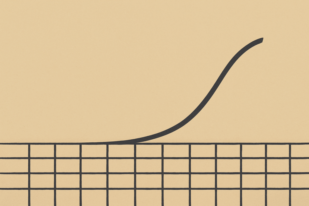 Minimalist illustration of a grid with an upward arc symbolizing systems thinking and elevated perspective.