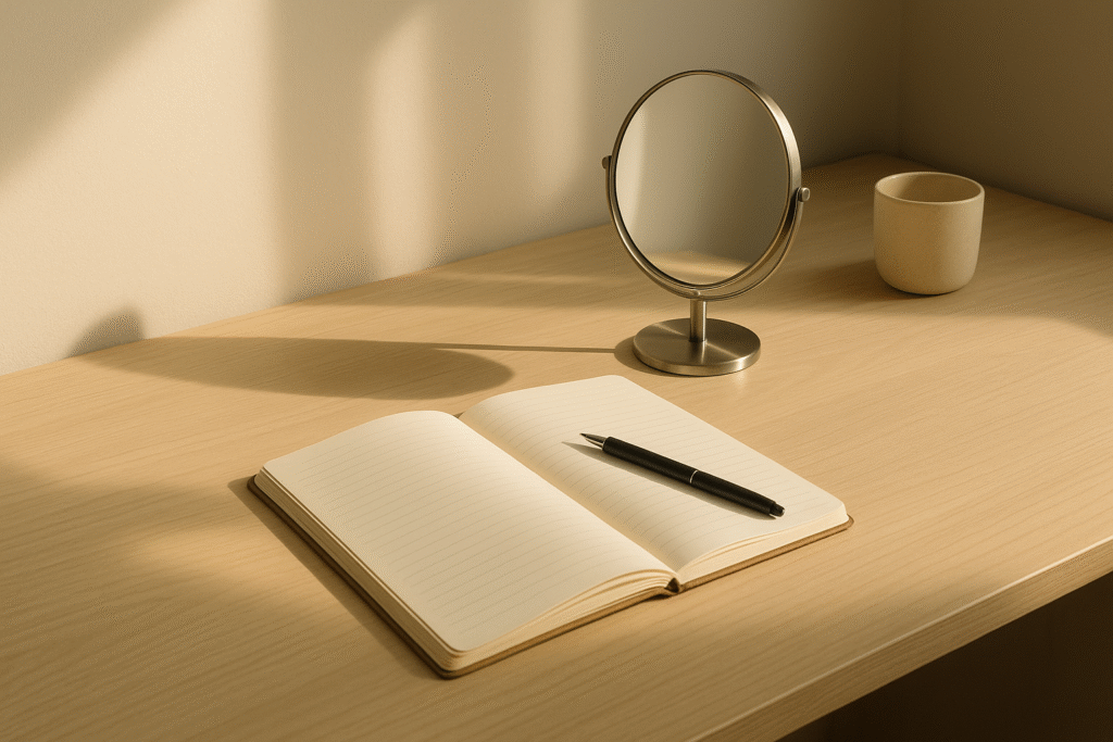 Soft sunlight over an open notebook and mirror, representing reflection and acceptance.