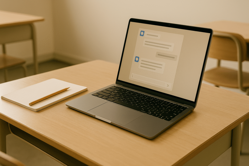 Classroom desk with a laptop showing a chatbot window beside a notebook and pencil, symbolizing safe learning boundaries between human and machine.