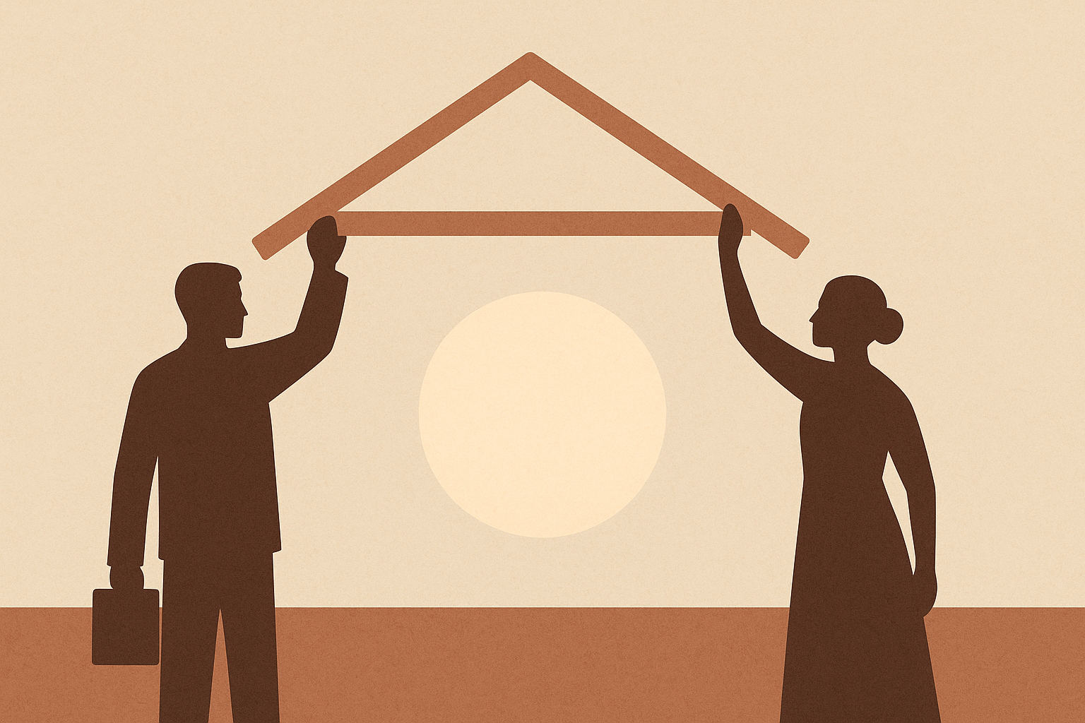86% principle illustrated as two figures framing a house beam at sunrise, symbolizing shared structure.