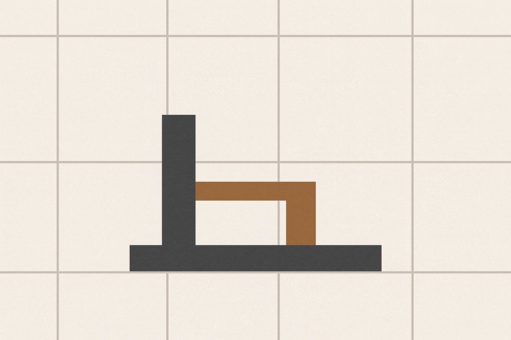 Minimalist 4:1 banner showing a warm sand background with a subtle charcoal grid, a vertical charcoal beam on the left third, and a clay-brown horizontal beam crossing it near center, symbolizing disciplined alignment and self-governance.