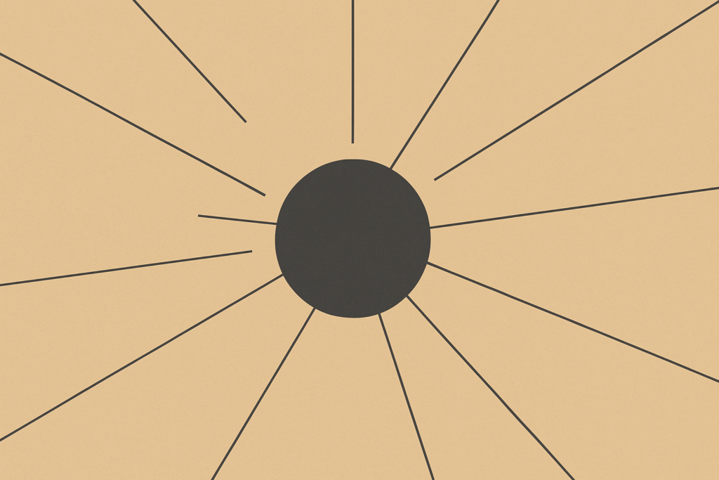 Minimalist warm-sand and charcoal illustration of thin lines converging toward a central circle, symbolizing limited cognitive bandwidth.