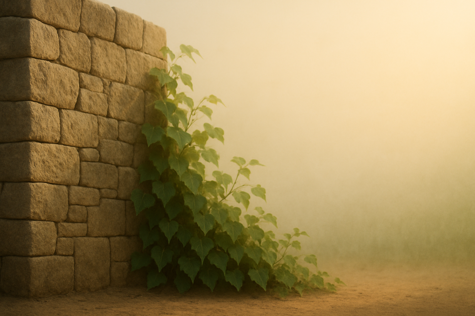 Stone wall blending with green vines under soft morning light, symbolizing balance in The Builder and the Gardener.
