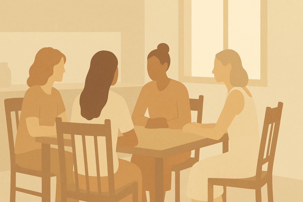 Four silhouettes gathered around a kitchen table under morning light, representing connection and shared strength.