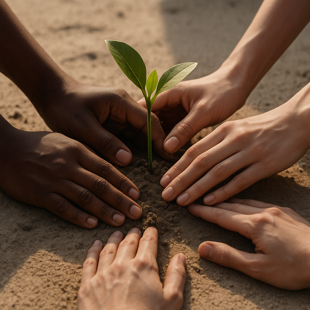 Three sets of hands gently steady a small green plant growing from warm sand soil — symbol of community and interdependence.
