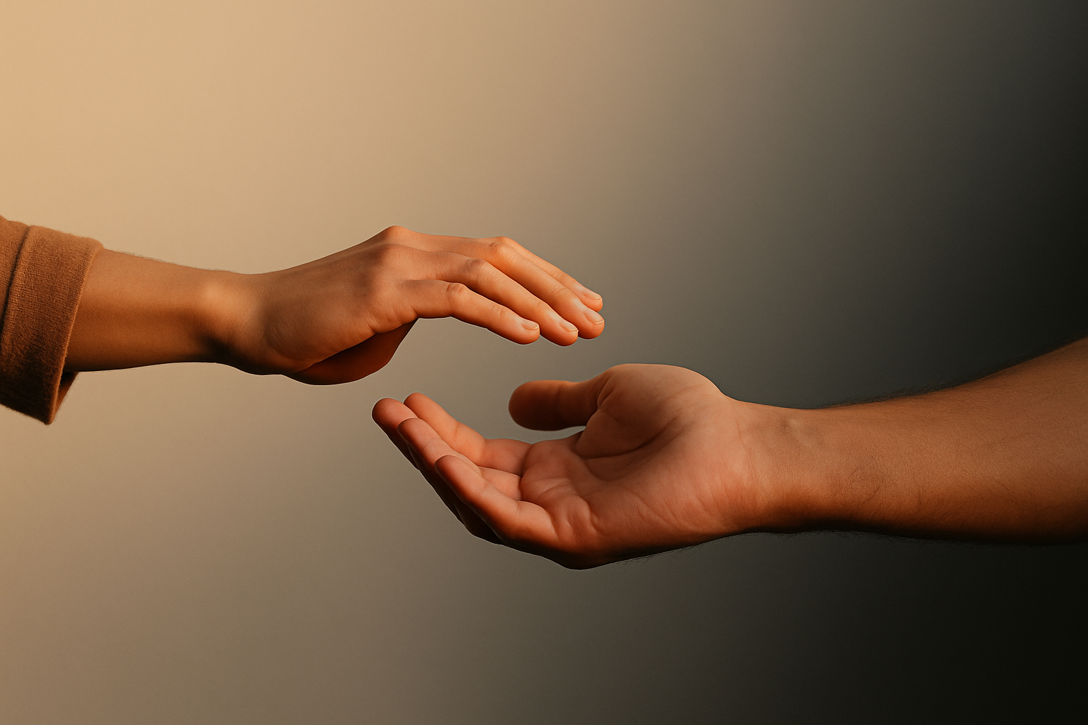 Two hands meeting mid-air in warm light, representing the power of support and shared strength.